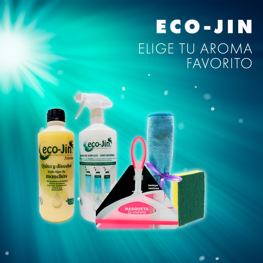 PACK 5 ECOJIN+DIFUSOR+RASQUETA LIMPIA CRISTALES+BAYETA MICROFIBRA+ESTROPAJO CON ESPONJA
